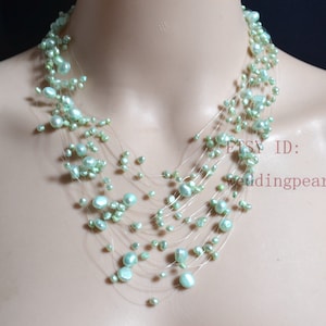 light Blue Floating Necklace, 17-24 inchs pearl necklace,baby blue Illusion Necklace, real pearl necklaces, statement Necklace
