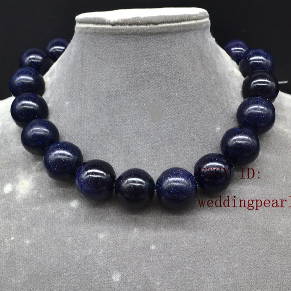 very big deep blue bead necklace, 18mm blue sand stone necklace, man-made bead necklace, hand knotted each bead, statement necklace