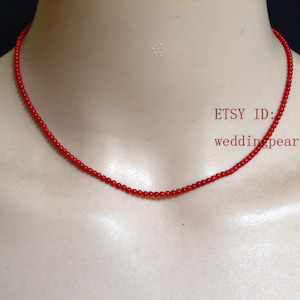 2mm 3mm small red coral necklace, tiny single strand dyed red coral beaded necklace, man-made coral necklace, tiny round coral beads