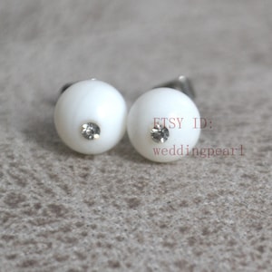 White Shell Stud Earrings,6mm,8mm,10mm,12mm white color stud earrings, Natural mother of pearl,women earrings, bead with rhinestone earrings