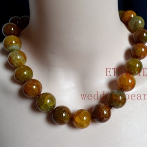Rare énorme collier de perles rondes de 20 mm de veines de dragon brun jaune agate gemmes, grand collier d'agate réelle, collier de déclaration