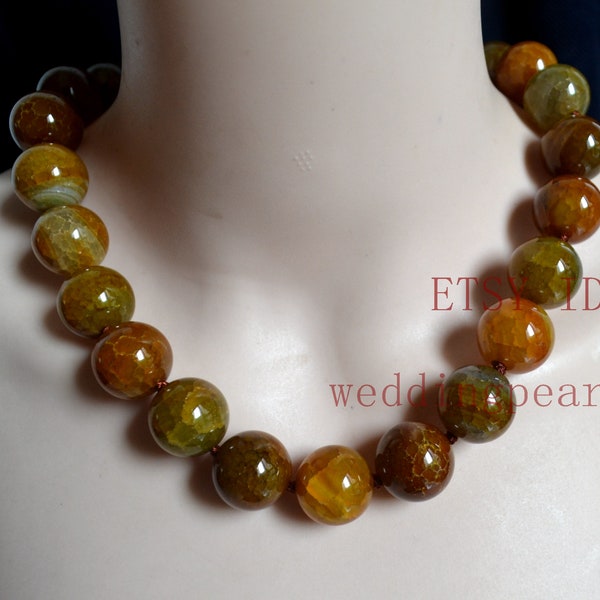 Rare Huge 20mm Yellow Brown Dragon Veins Agate Gems Round Beads Necklace, Big Real Agate Necklace, statement necklace