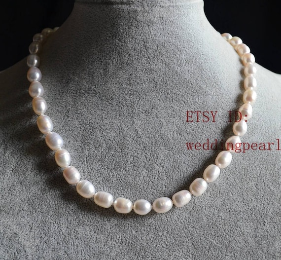 Genuine Pearl Necklace 7.5 8mm White Rice Shape Freshwater Pearl