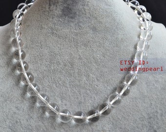 12,3 mm Quarz-Halskette, echte Bergkristall-Halskette, einsträngige klare Perlenkette, Statement-Halskette, In der Natur Quarz-Kristallkette