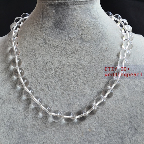 Collier en quartz de 12,3 mm, collier en vrais cristaux de roche, collier de perles transparentes simple brin, collier tendance, collier de cristaux de quartz naturel