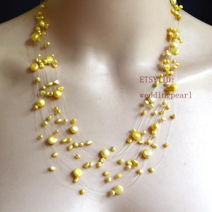 Yellow pearl necklace, 11 strands 20-23 inch Yellow Floating Necklace, Illusion Necklace, Multistrand Necklace, baroque pearl necklace