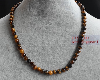 6mm tigers eye necklace, single strand tigers eye beaded necklace, statement necklace, women necklace, real stone necklace, yellow beads