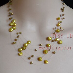 Gold Green Pearl Necklace, 17-19 inch real pearls Floating Necklace, Illusion Necklace, Multistrand Necklace, baroque pearl necklace