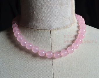 Colar com contas de jade rosa de 10 mm, joia marcante para mulheres