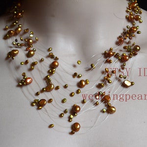 Floating Necklace, brown pearl necklace, Illusion Necklace, Multi strand real pearl necklace, wedding necklace, statement Necklace
