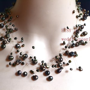peacock black Pearl Necklace, 17 inch Floating brown black Necklace, Illusion Necklace, Multistrand Necklace, Real Pearl Necklace