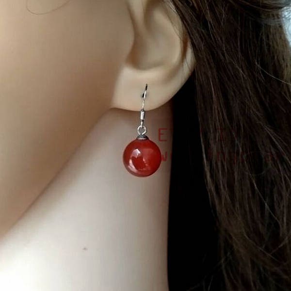 red agate earrings,12mm big agate dangling earrings, agate earrings drop, birthday lucky stone, round Gemstone post studs,stone earrings