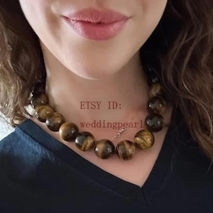 20mm Tiger&#39;s eye Stone Necklace, very big Yellow Brown bead necklace, women necklace,men necklace, hand knotted each bead,statement necklace