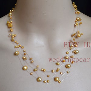peach pearl necklace, Peach Floating Necklace, Illusion Necklace, Multistrand real pearl Necklace, baroque pearl necklaces