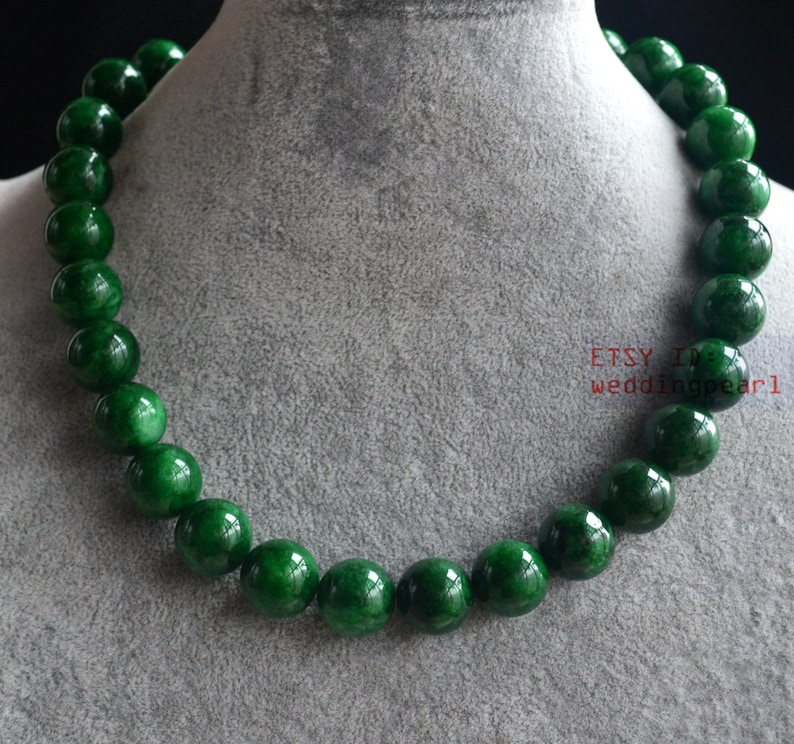 14 mm big dark green jade necklace, hand knotted beaded necklace, statement necklace, mother necklace, women necklace image 3