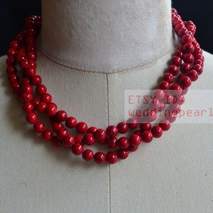 Red Turquoise Necklace,triple strand 8mm turquoise beaded necklace, statement necklace,twisted turquoise necklaces,red necklace