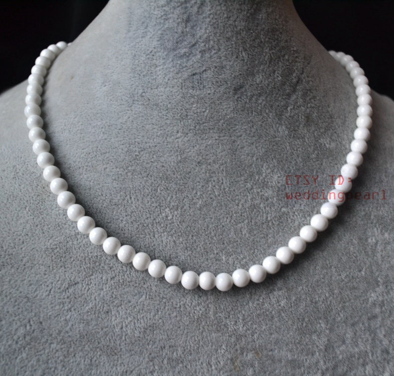 single strand 6 mm white shell necklace, statement necklace,small white bead necklaces, mother of pearl necklace, flower girl necklace image 1