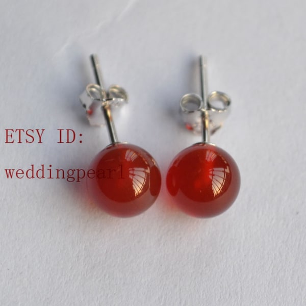 dark red studs, 8mm round agate earrings, stud earrings,birthday lucky stone,stone earrings studs,sterling silver stud,dark red earrings