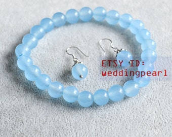 Light Blue Agate Bracelet and Sterling Silver Earrings Set, 8mm