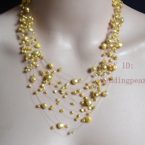 Yellow Pearl Necklace, 21 strands, Floating Gold Necklace, Illusion Necklace, Multistrand Necklace, Real Pearl Necklace