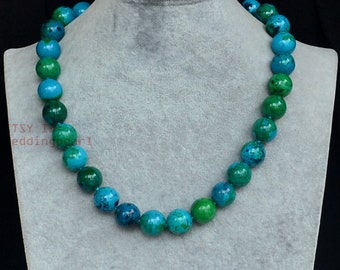 14mm turquoise Necklace, single strand green blue bead necklace,mother gift, women necklace, statement necklace