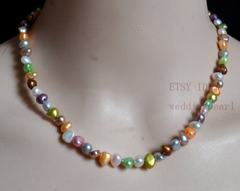 Multi-color real pearl necklace,6mm freshwater pearl necklace,statement necklace, dyed color pearl necklace, baroque pearl necklace