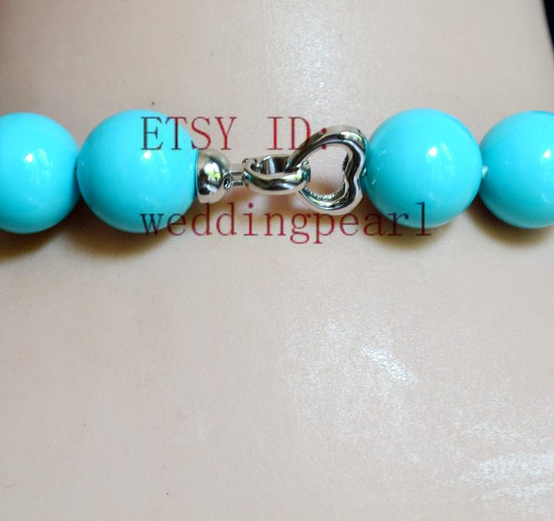 light blue beads necklace,16mm turquoise color mother of pearl beaded,shell pearl necklace,pearl necklace,wedding jewelrys,gift for her. image 3