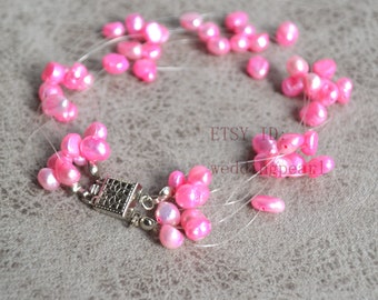 Pink Floating Bracelet, Illusion Bracelet, multi-strand pearl Bracelet, genuine pearl bracelet, Pink beaded bracelet