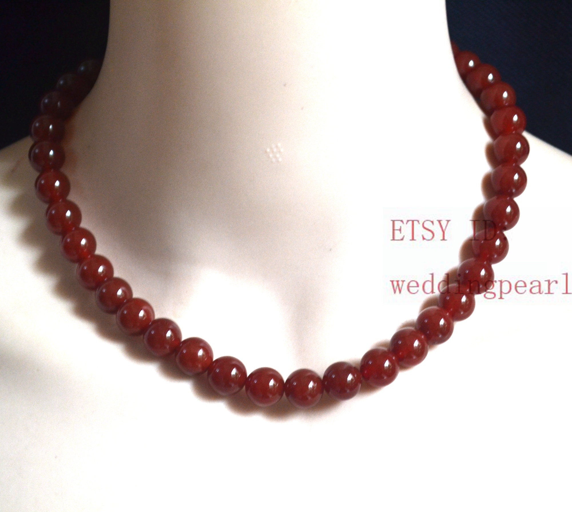 Real Natural Red Agate Necklace, 10mm Single Dark Red Beaded
