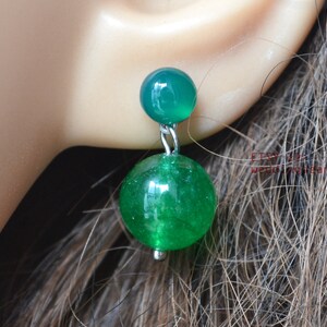 double green jade earrings, green beaded earrings,green color earrings, stud and dangling earrings, green jade beaded