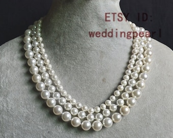 White Shell Pearl Necklace, 17-19 inches Triple Strands mother of pearl Necklace and earrings set, Wedding Bridesmaid Necklace, pearl set