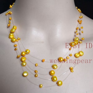 Gold pearl necklace, 18-20 inch Gold Floating Necklaces, Illusion Necklace, Multistrand gold Necklace,real baroque pearl necklace