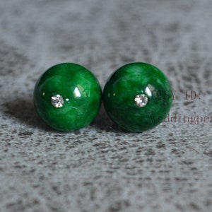 Big Dark Green Jade Earrings,6mm,8mm,10mm,12mm green color stud earrings, stud earrings, women earrings, bead with rhinestone earrings