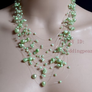 Mint Green Floating Necklace, light green pearl necklace, Illusion Necklace, real pearl necklace, wedding necklace, statement Necklace