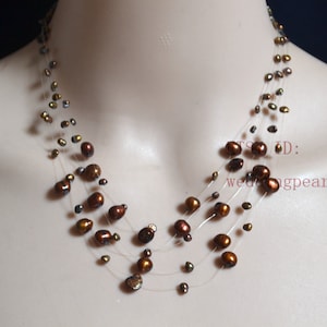Brown Pearl Floating Necklace, strands, 10 strands, 15 strands, Multi strands pearl necklace, real Pearl Necklace, Illusion Necklace