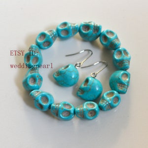 Turquoise Skull Bracelet and Earrings Set, Halloween Jewelry