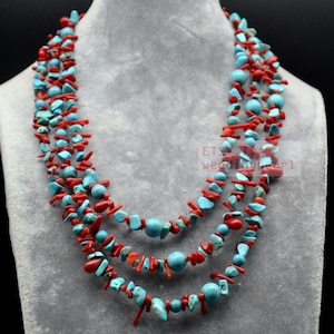 turquoise and coral necklace, triple strands red coral and turquoise mixed necklace,wedding necklace,bridesmaid necklace, statement necklace