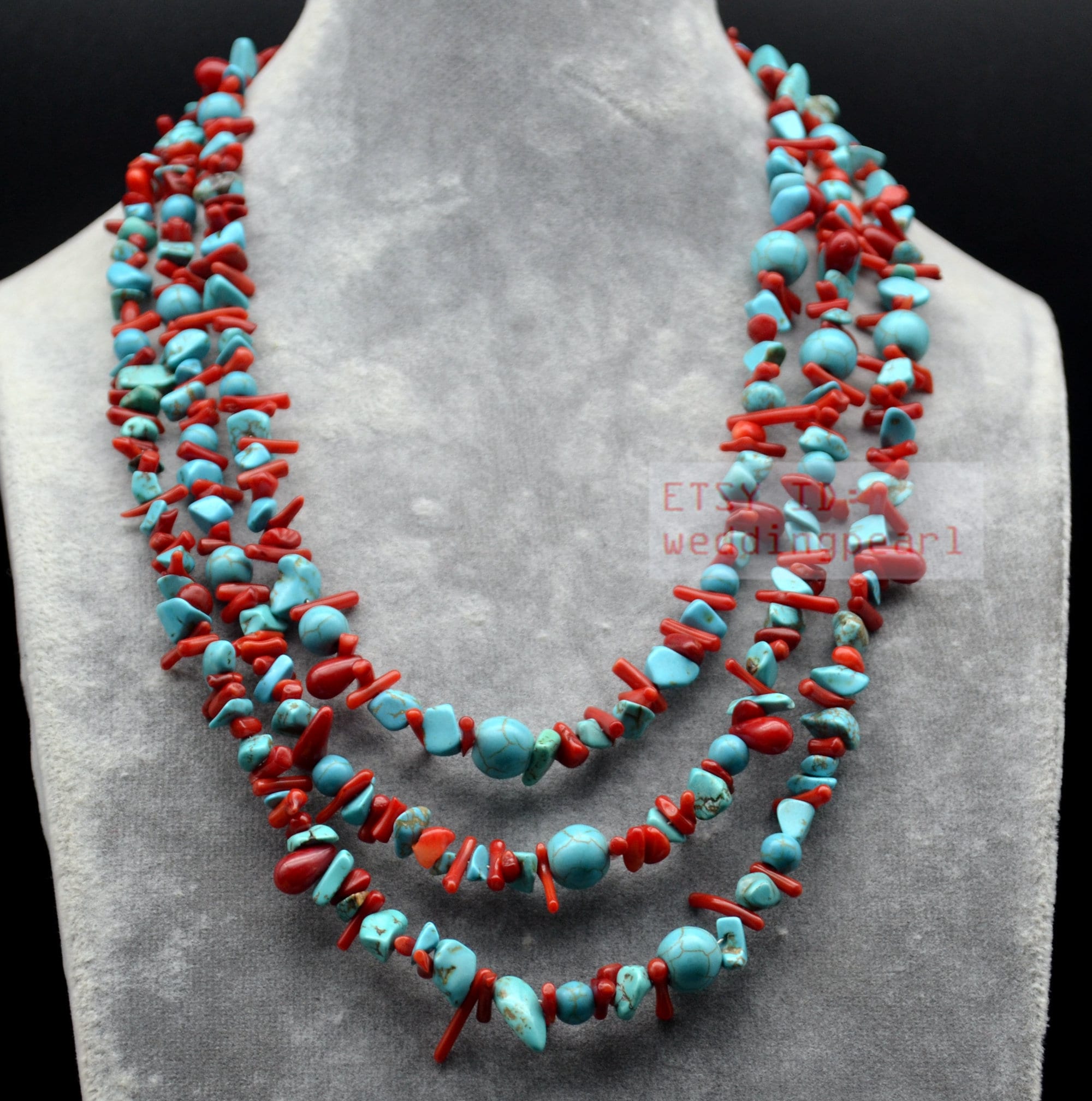 Turquoise and Coral Necklace, Triple Strands Red Coral and Turquoise Mixed  Necklace,wedding Necklace,bridesmaid Necklace, Statement Necklace 