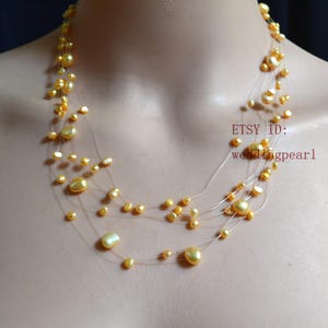 Yellow Pearl Floating Necklace, 7 strands Floating Yellow Necklace, Illusion Necklace, Multistrand Necklace, Real Pearl Necklace