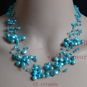 light blue pearl necklace, Floating blue Necklace, Illusion Necklace, Multistrand Necklace, real pearl necklace, wedding necklace
