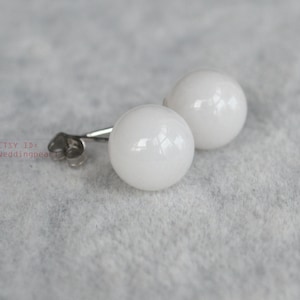 White Jade Stone,10 mm white stone earrings, white bead earrings stud, Ball Gemstone post studs,real stone earrings, white bead stud earring