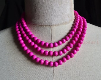 hot pink turqoise necklace,triple strands fake turquoise bead necklace,hot pink necklace, statement necklace, wedding bridesmaid necklace