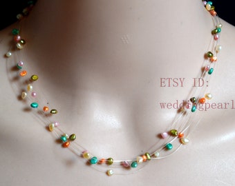 Multicolor Floating necklace,6 strands 16 inches baroque Necklace, Illusion Necklace, Multistrand Rainbow Beads Necklace,real pearl necklace