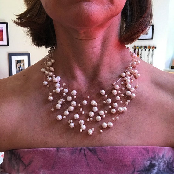 Floating Necklace, Illusion Necklace,Nine Strands Pearl Necklace, Multi-strand Necklace, real pearl necklace, statement necklace