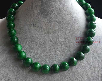 14 mm big dark green jade necklace, hand knotted beaded necklace, statement necklace, mother necklace, women necklace