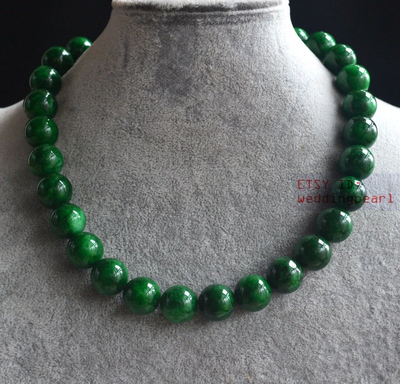 14 mm big dark green jade necklace, hand knotted beaded necklace, statement necklace, mother necklace, women necklace image 1