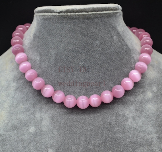 Pink Cat's Eye Stone Necklace 10mm 