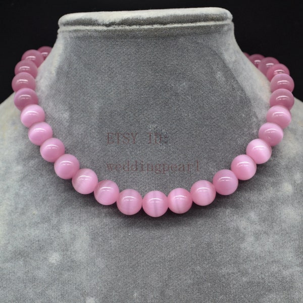 collier oeil de chat rose, collier en verre 10 mm, collier tendance, collier femme, collier de perles roses