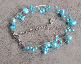 Light Blue Floating Bracelet, Illusion Bracelet, multi-strand pearl Bracelet,6 strands genuine pearl bracelet, freshwater pearl bracelet