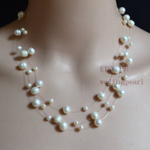 Illusion Necklace,Floating Necklace,three strand pearl necklace, 3-8 mm 17-19 inches white Freshwater Pearl Necklace,wedding necklace